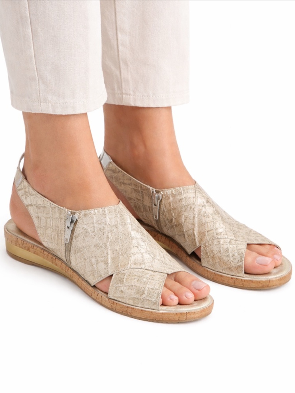 Sesto Meucci SZ 8N Sylke slingback sandal bge lgold crocodile-embossed leather
